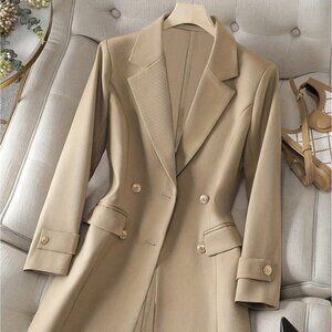 Khaki Elegant Women's Casual Cinched Waist Sleeve Detail Long Sleeve Blazer